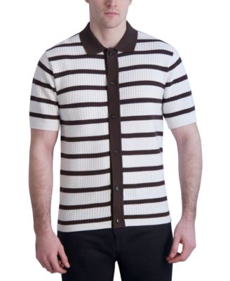 KARL LAGERFELD PARIS - Men's Slim-Fit Stripe Textured Sweater-Knit Button-Down Polo Shirt