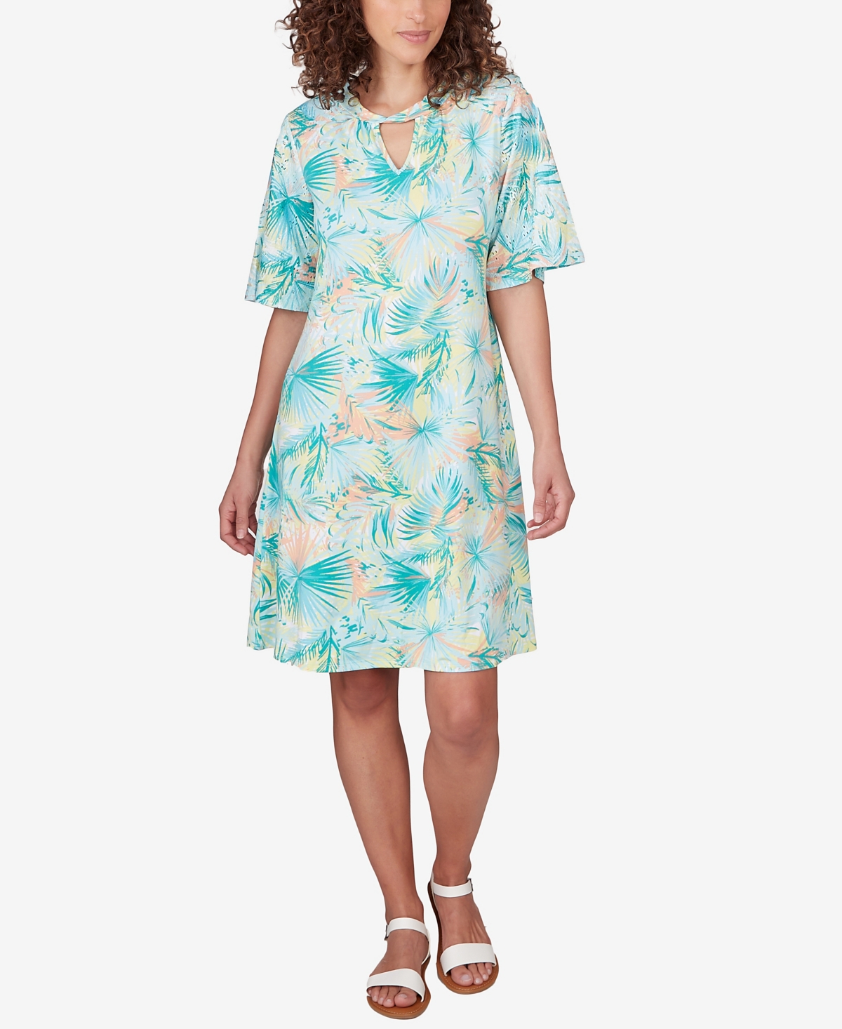 Ruby Rd. Petite Tropical Puff Print Dress In Blue