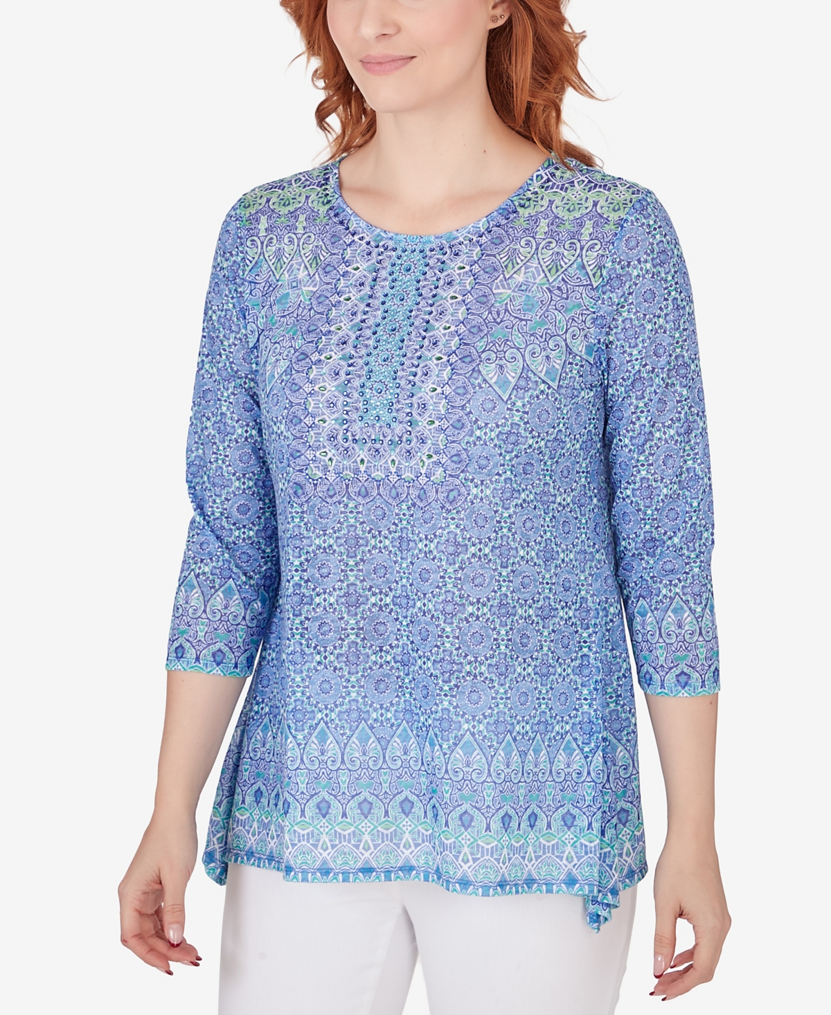 Shop Ruby Rd. Petite Burnout Geometric Knit Top In Blue Moon Multi
