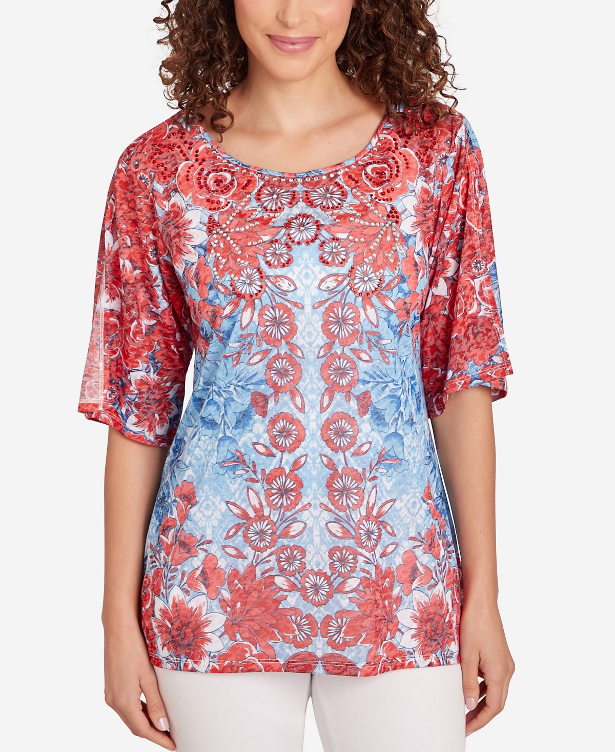 Shop Ruby Rd. Petite Burnout Sublimation Mirrored Top In Tomato Multi