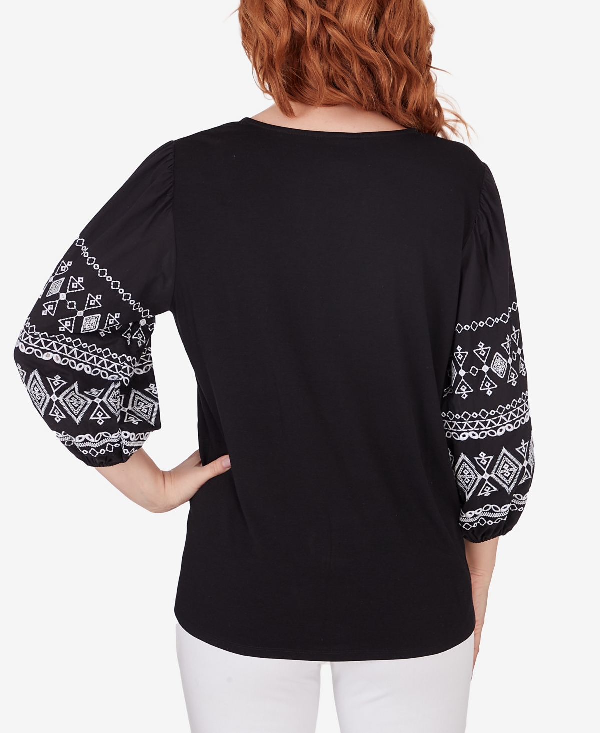 Shop Ruby Rd. Petite Split Neck Embroidered 3/4 Sleeve Knit Top In Black