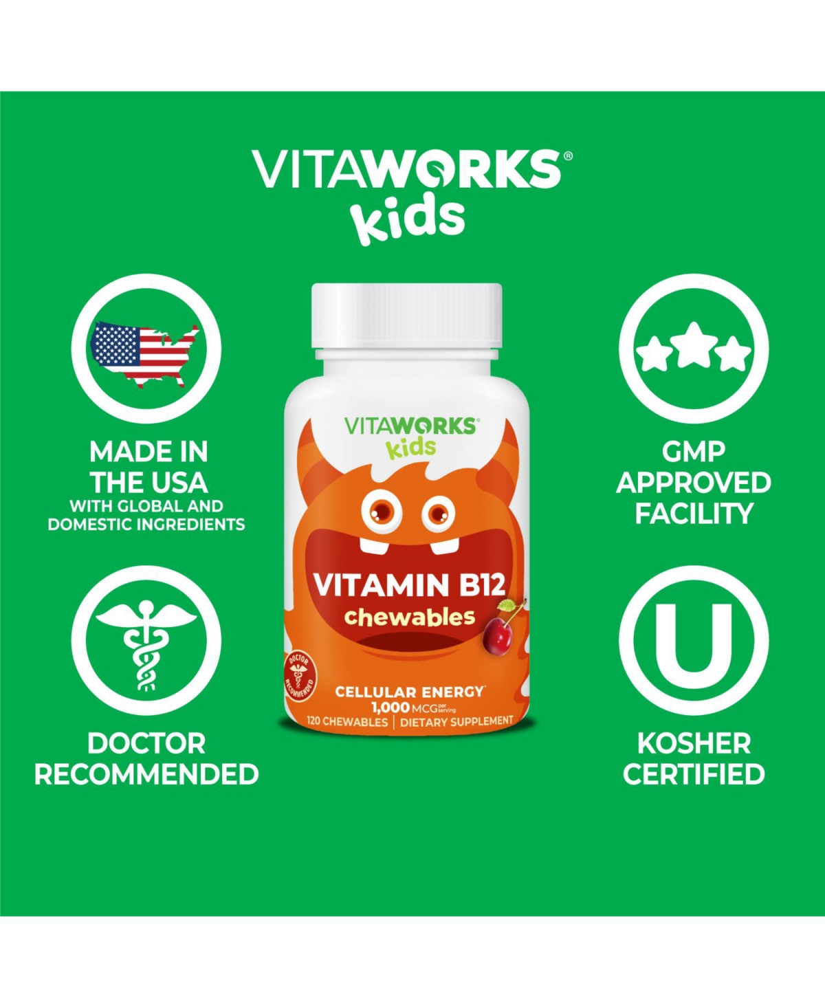 VitaWorks Kids Vitamin B12 1,000 mcg Chewable Tablets - Energy, Mood, And Metabolism Vitamins - Tasty Natural Cherry Flavor - Chewables - Open Mis