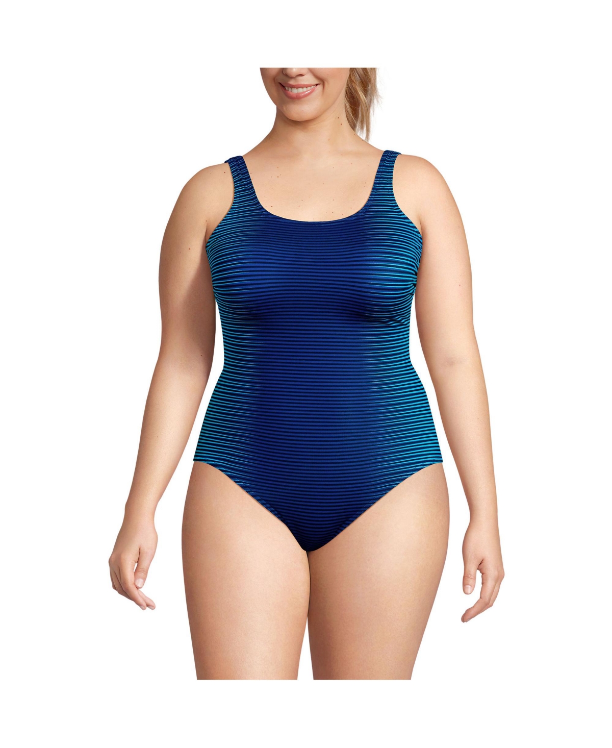 Plus Size Chlorine Resistant High Leg Soft Cup Tugless Sporty One Piece Swimsuit - Deep sea navy/stripe ombre