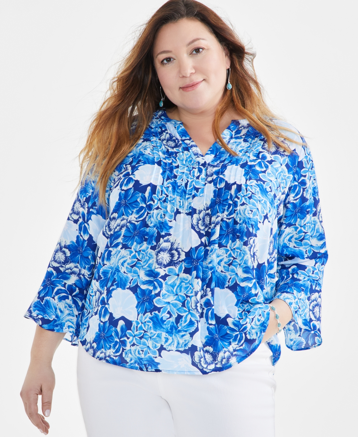 Plus Size Printed Pintuck Blouse, Created for Macy's - Gigi Cobalt