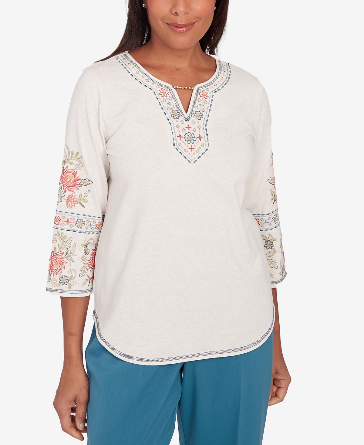 Shop Alfred Dunner Sedona Sky Women's Sedona Split Neck Embroidered Top In Oatmeal
