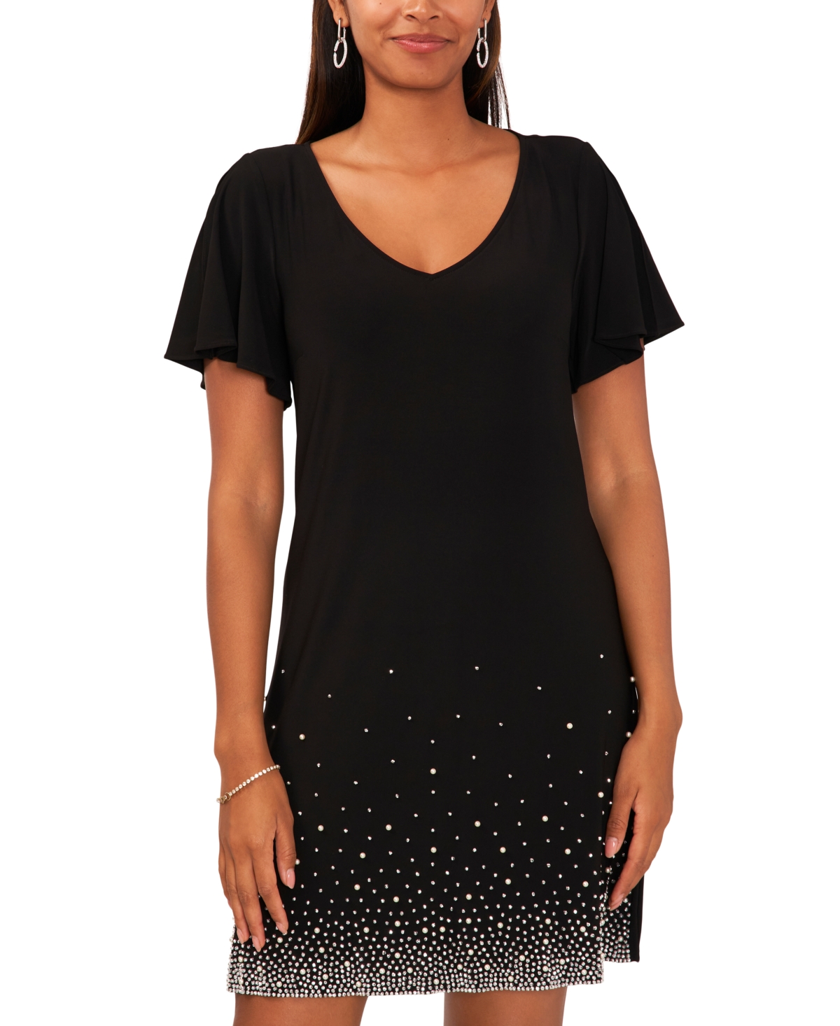 Shop Msk Women's V-neck Short-sleeve Embellished-hem Shift Dress In Black