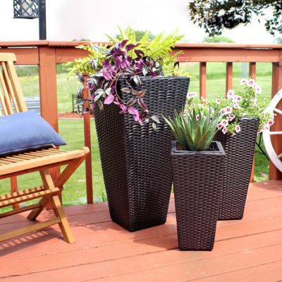 Decorative Square Polyrattan Basket-Style Planters - 9", 11.5", and 14.75" Square - Black - 3-Piece Set