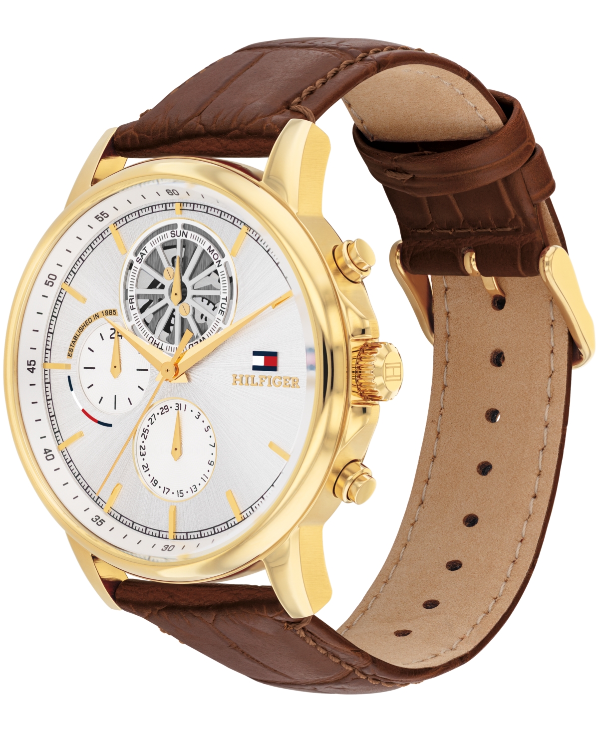 Tommy Hilfiger Men's Multifunction Brown Leather Watch 44mm In Silver