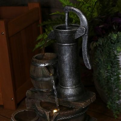Cozy Farmhouse Pump and Barrels 23-Inch Outdoor Fountain with LED Lights - Polyresin - Electric Submersible Pump
