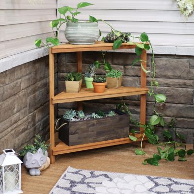 Meranti Wood 3-Tier Corner Plant Stand Shelves with Teak Oil Finish - Indoor/Outdoor Wooden Planter Furniture - Potted Plant Holder Table for Patio and Home - 36-Inch