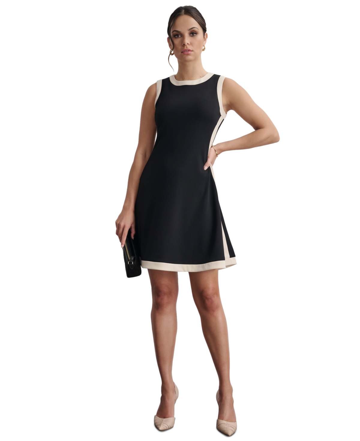 Shop Dkny Women's Colorblocked Fit & Flare Mini Dress In Black,eggshell