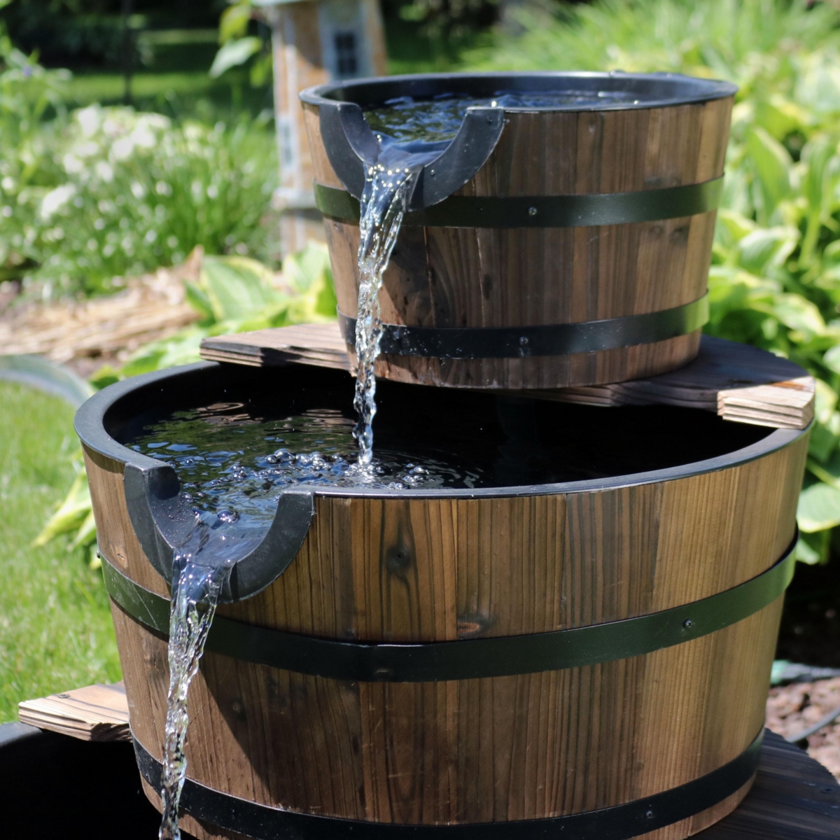 Sunnydaze Decor Rustic 3-Tier Wooden Fir Barrel-Style Water Fountain -
