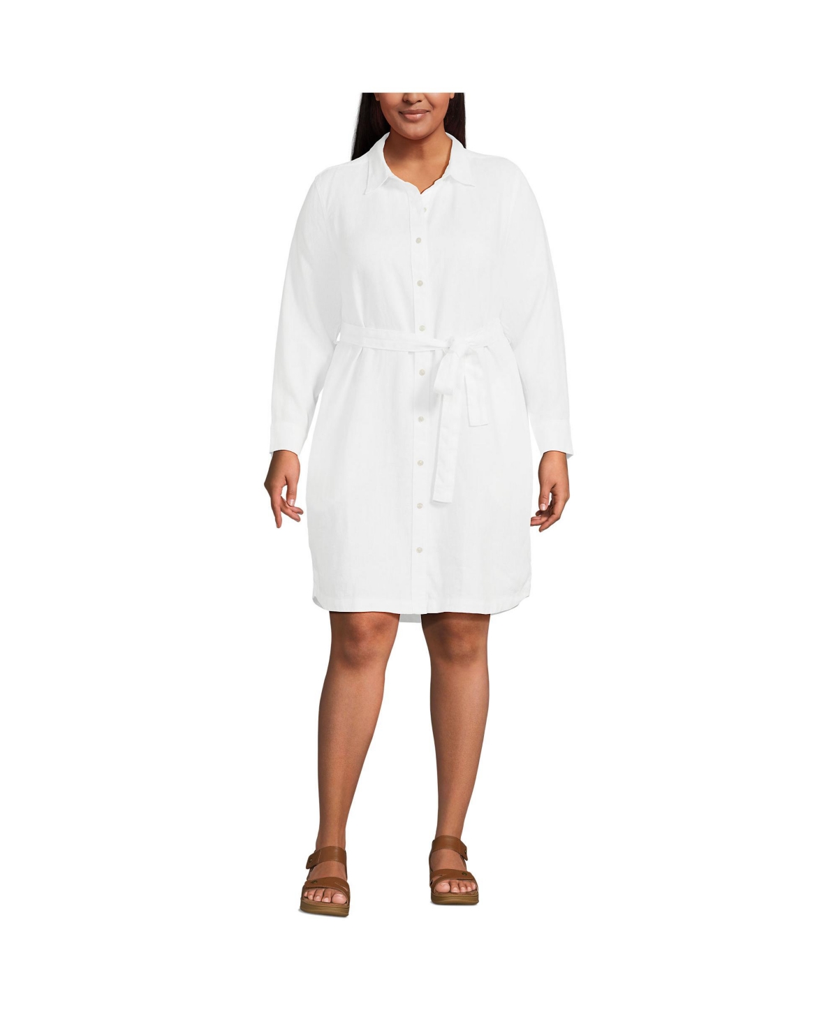 Plus Size Long Sleeve Linen Shirt Dress - White