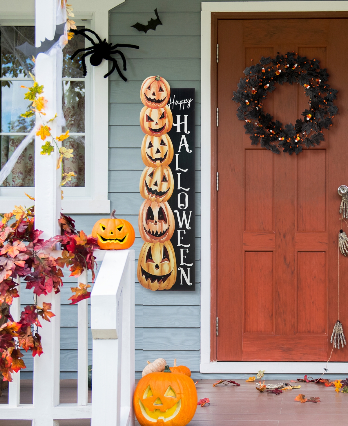 Glitzhome 42"h Lighted Halloween Wooden Stacked Pumpkins Porch Sign With Timer In Multi