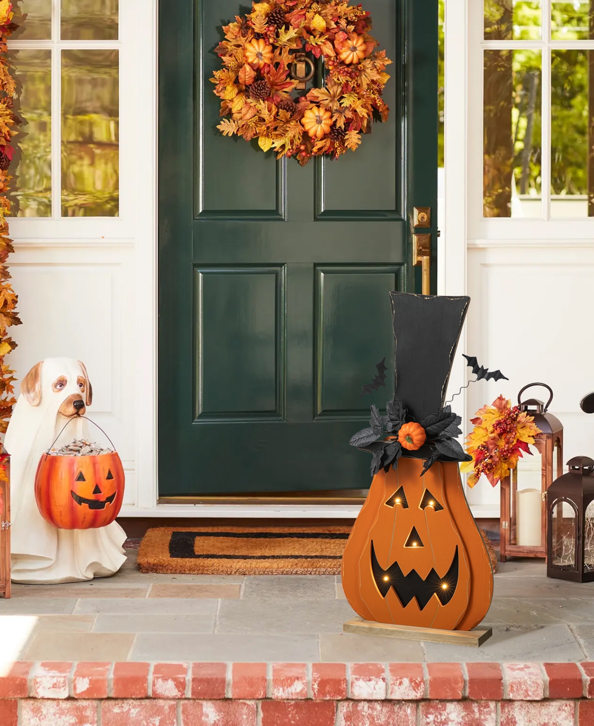 Glitzhome 29.5"h Halloween Lighted Wooden Jack-o-lantern Porch Decor With Floral Timer In Multi