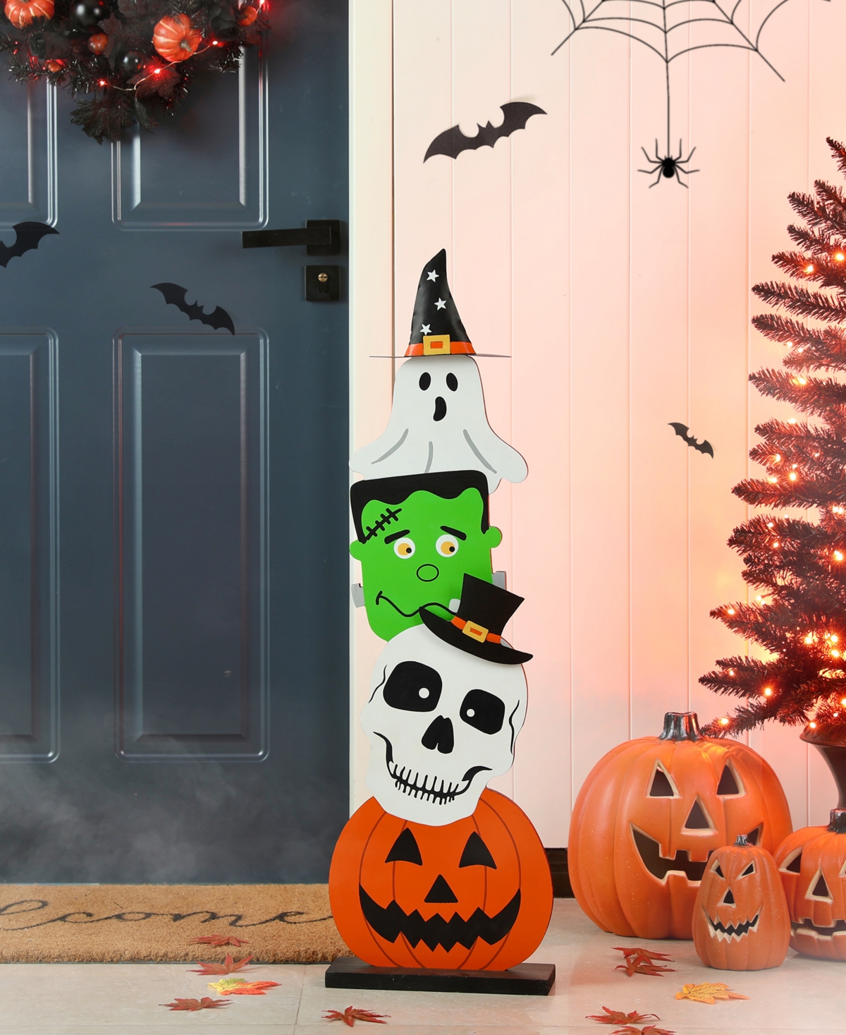 Glitzhome 36"h Halloween Wooden Stacked Ghost Frankenstein Skull Pumpkin Porch Decor In Multi