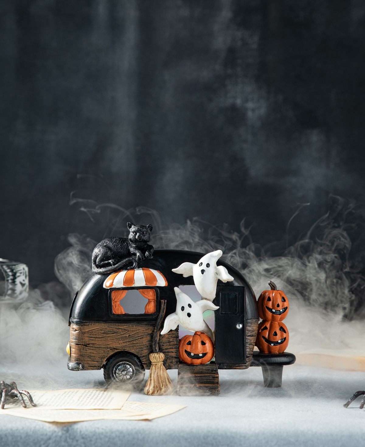 Glitzhome 9.25''l Halloween Polyresin Lighted Camper W/ghost Pumpkin Black Cat Table Decor In Multi