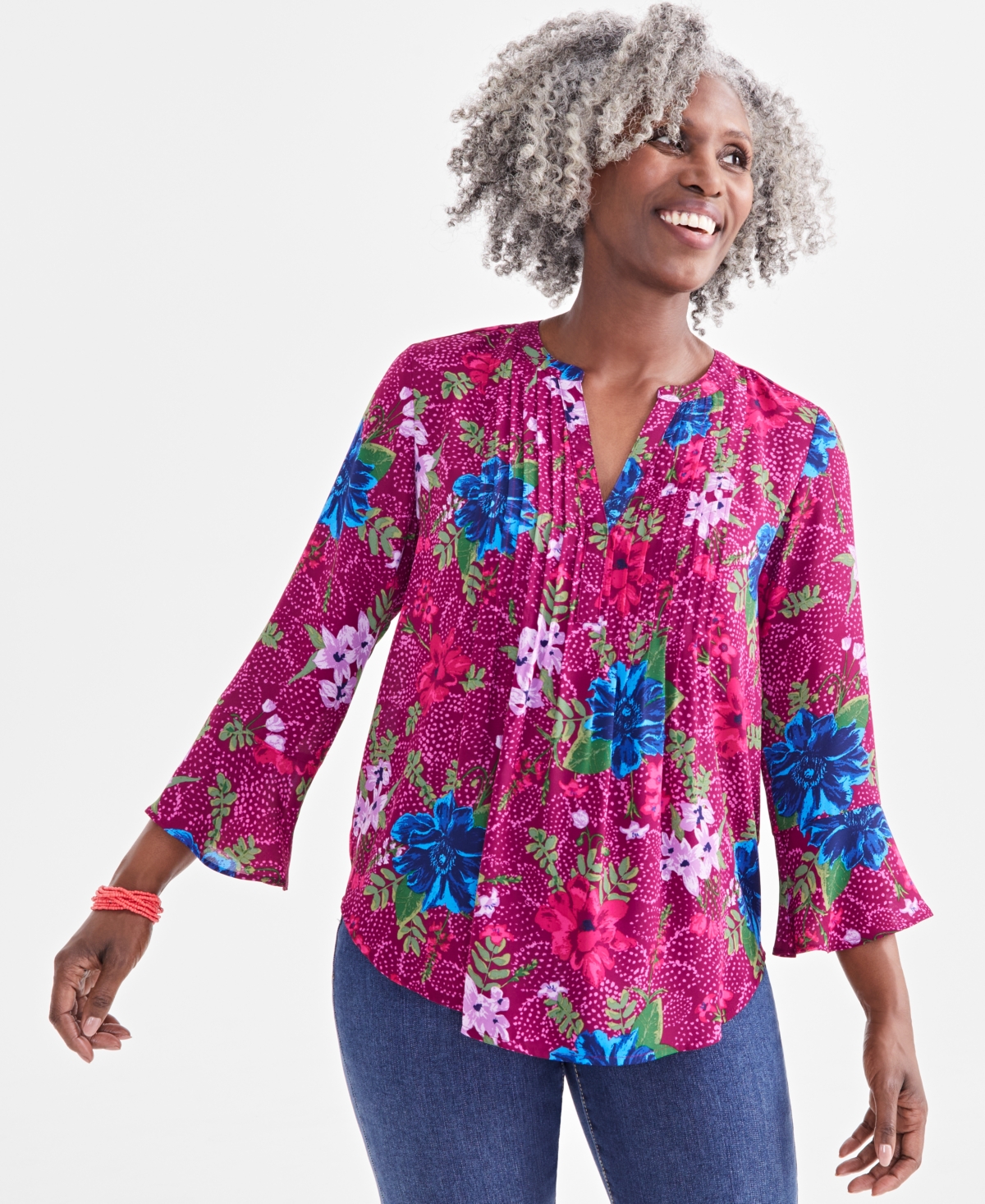 Women's Printed Pintuck Ruffle Sleeve Top, Created for Macy's - Purple Floral