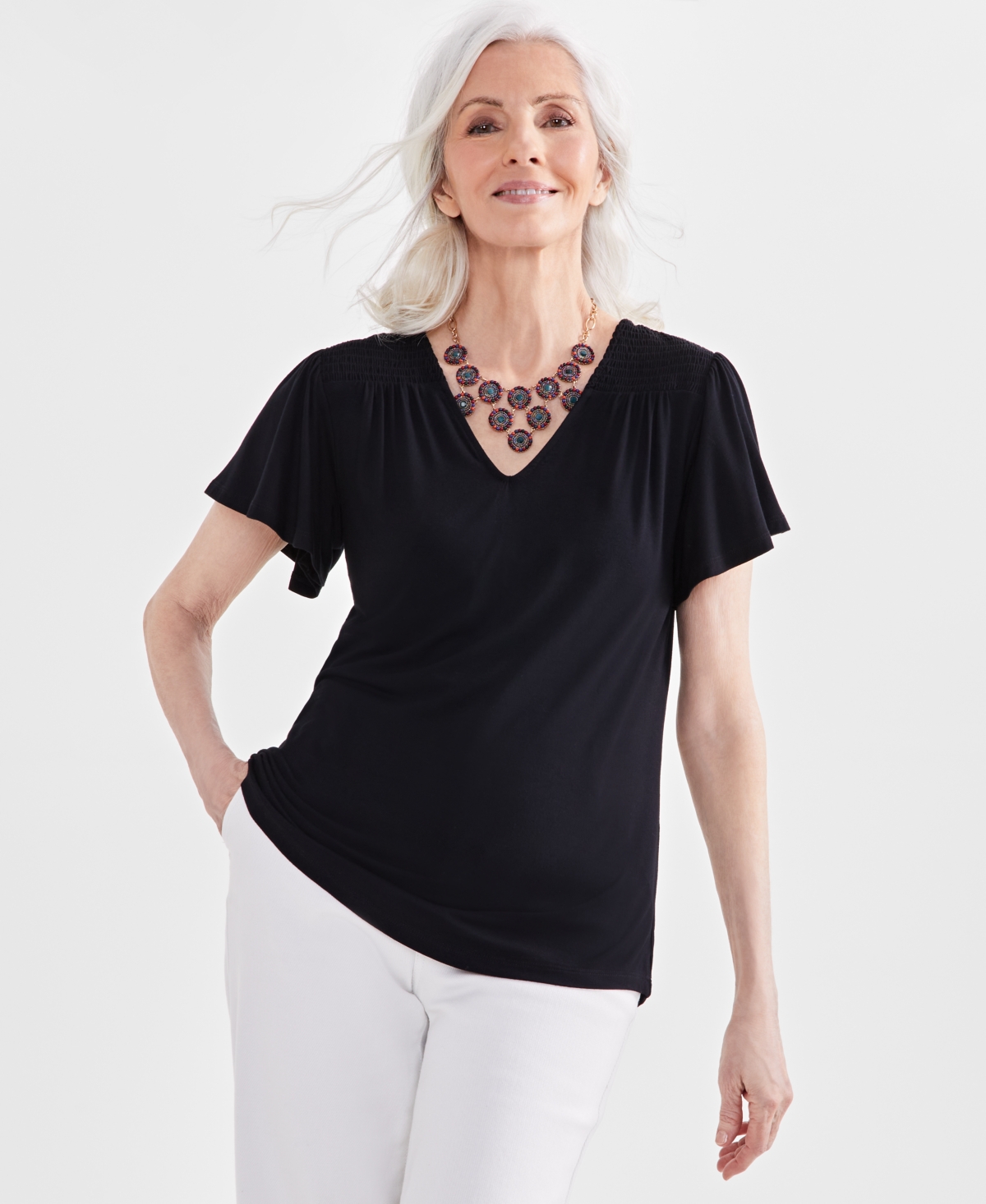 Style & Co Women's Smocked Flutter-Sleeve V-Neck Knit Top, Created for Macy's