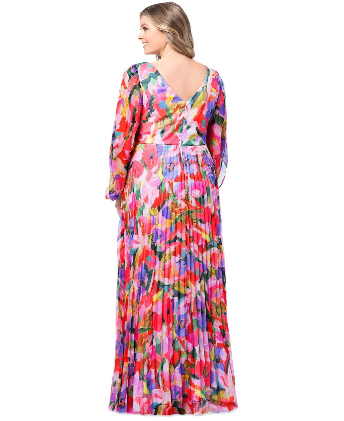 Shop Betsy & Adam Plus Size Printed Pleated Long-sleeve Gown In Multi