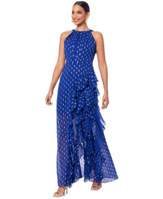 Petite Printed Ruffled Halter Gown