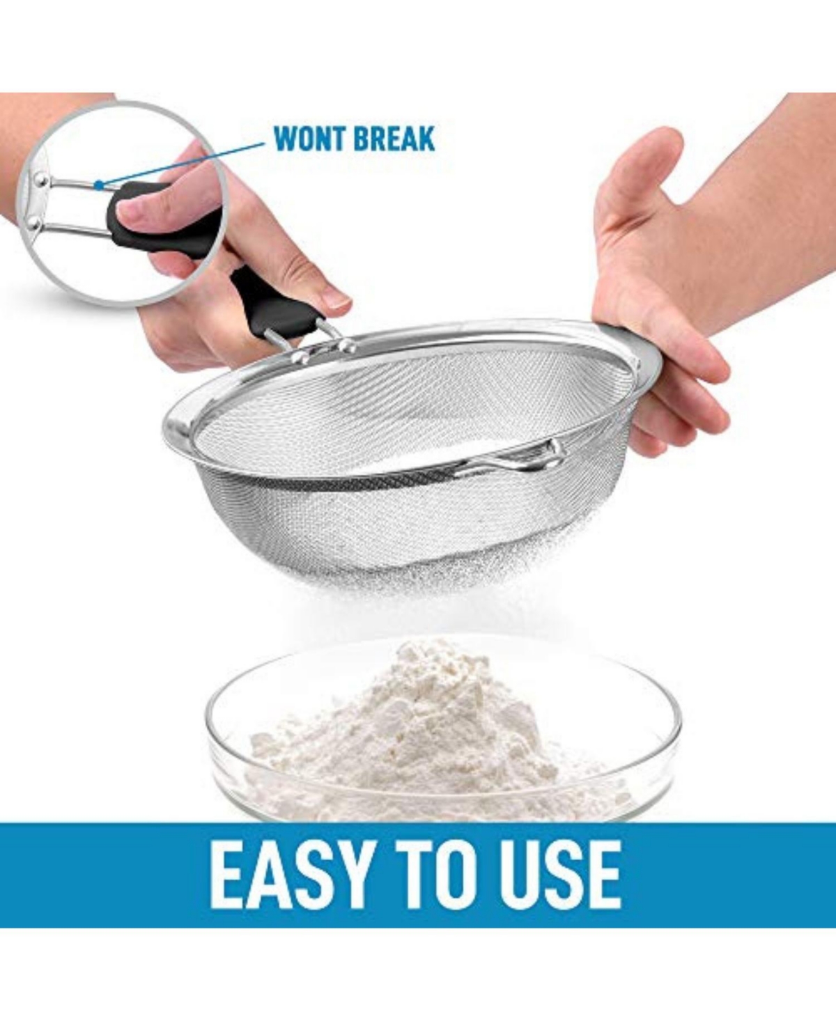 Zulay Kitchen Premium Stainless Steel Fine Mesh Strainer - Strainers For Kitchen (Set of 3) With Non-Slip Handles