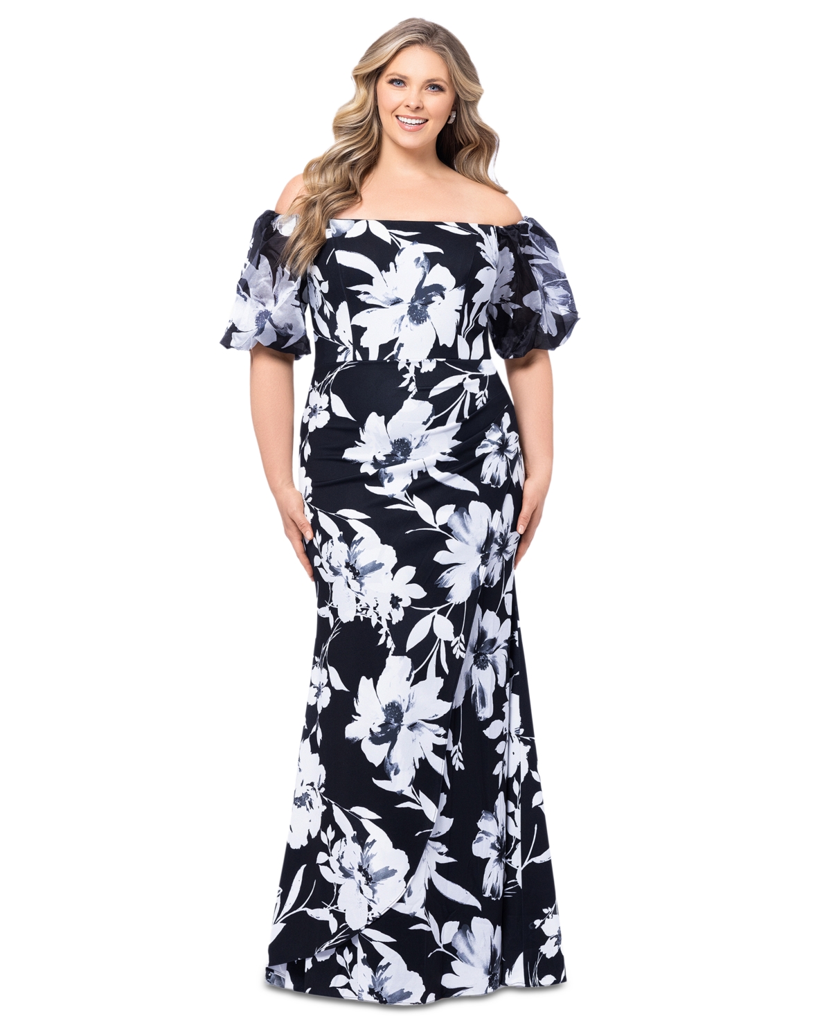Plus Size Floral Balloon-Sleeve Off-The-Shoulder Gown - Black/White