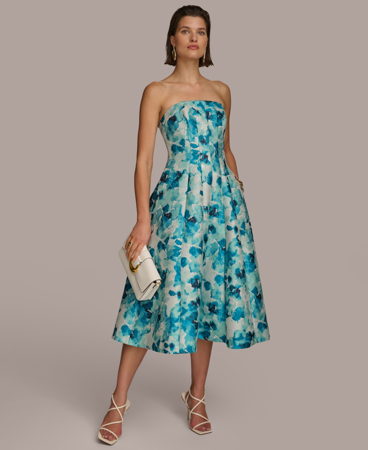 Donna Karan Women's Floral-jacquard Strapless Midi Dress In Wave Multi