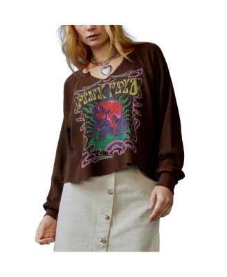 Women's Brown Pink Floyd Cosmic Pyramid Raw Thermal Raglan Long Sleeve T-Shirt