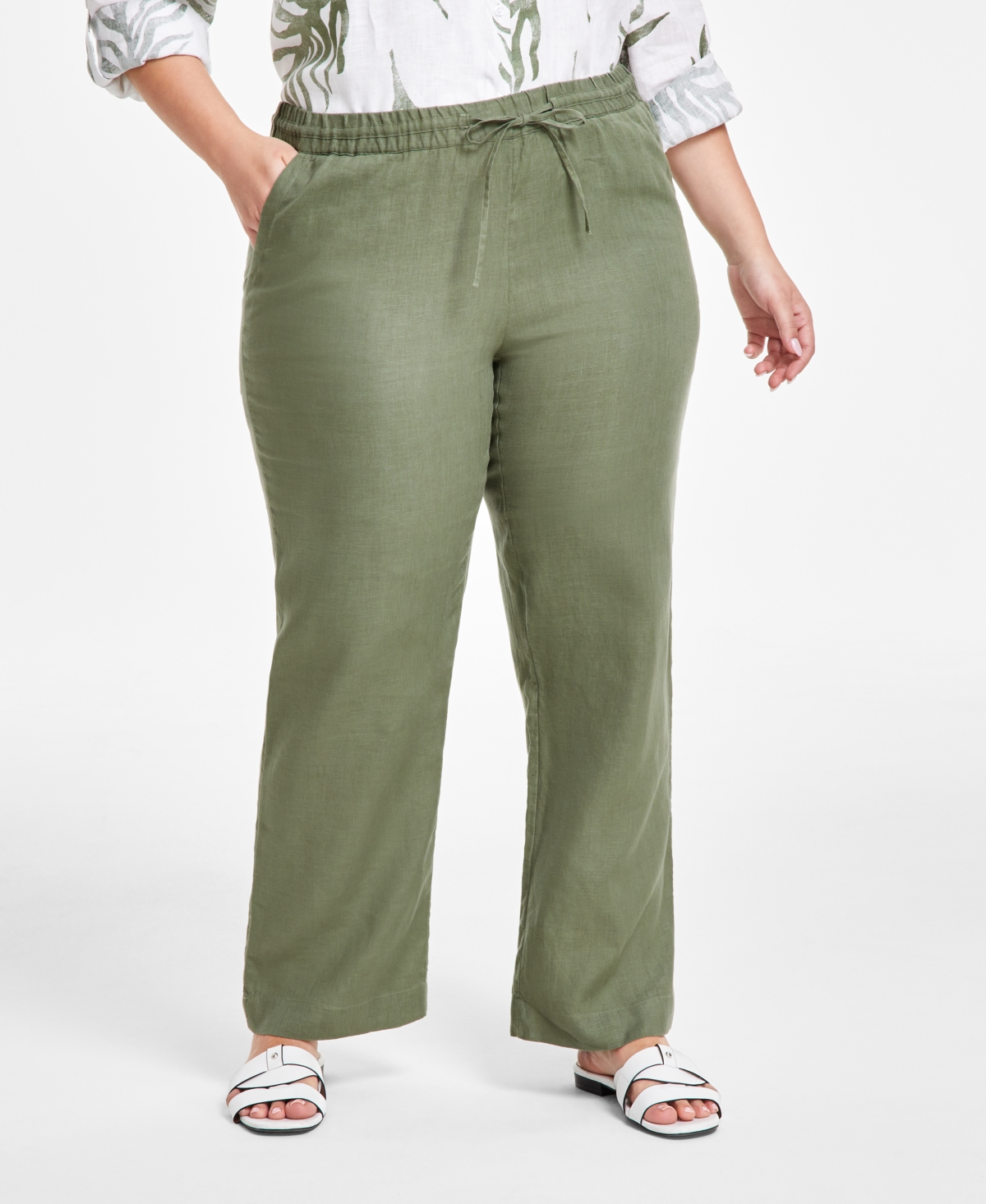Charter Club Plus Size 100% Linen Pants, Created For Macy's In Cool Olive