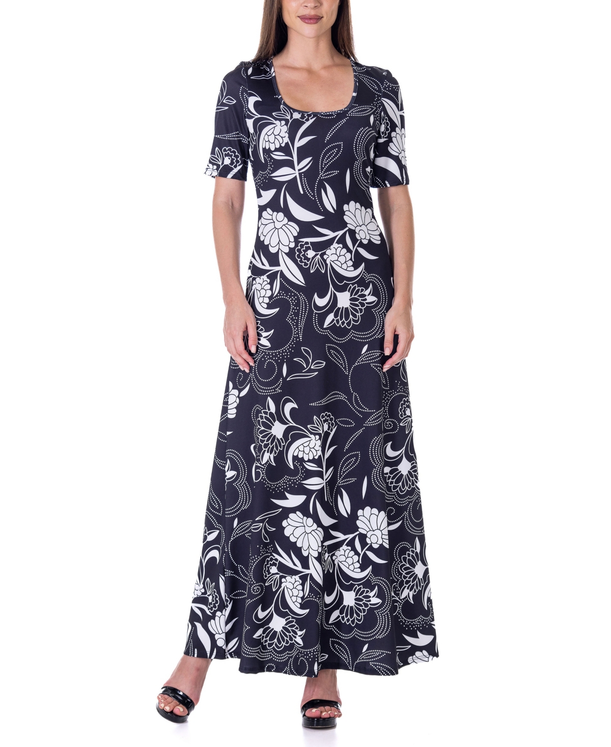 Shop 24seven Comfort Apparel Women's Print Elbow Sleeve Casual A Line Maxi Dress In Miscellane