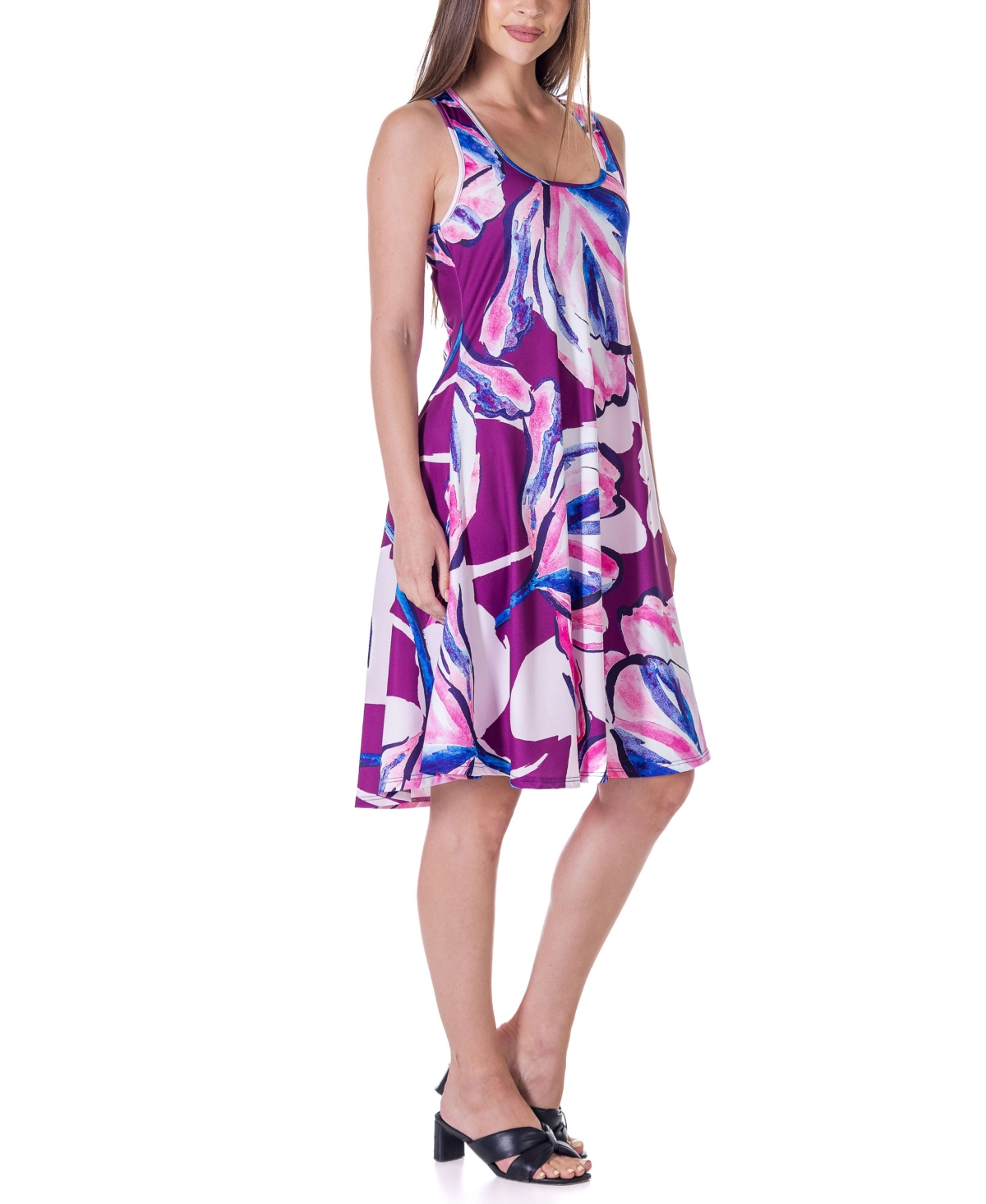 Shop 24seven Comfort Apparel Print Sleeveless Knee Length Tank Swing Dress In Miscellane