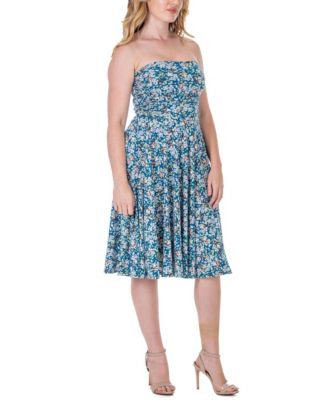 Teal Floral Strapless Tube Top Flowy Knee Length Dress