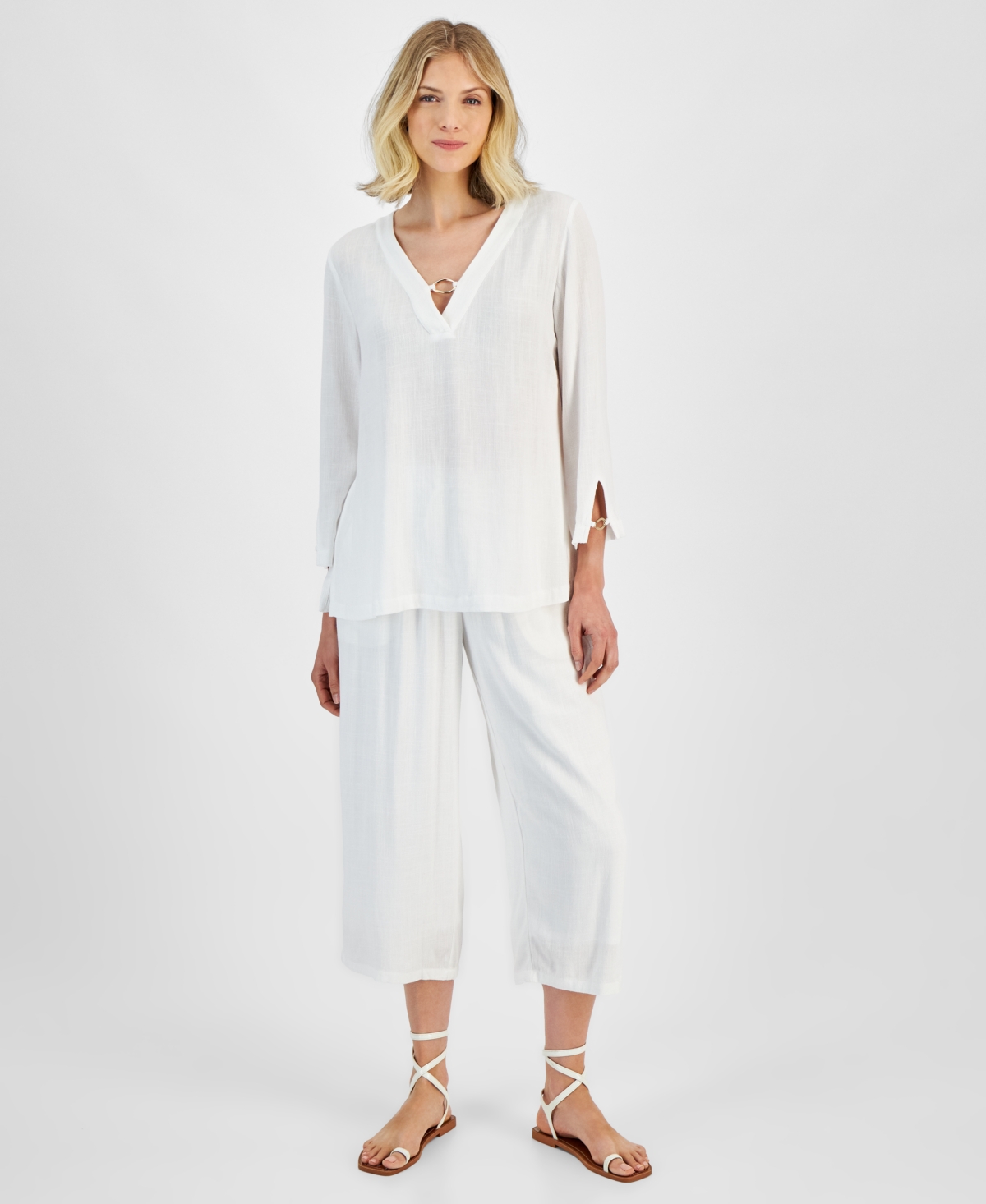 Jm Collection Women's Linen Blend Split-Cuff Long-Sleeve O-Ring Top, Created for Macy's
