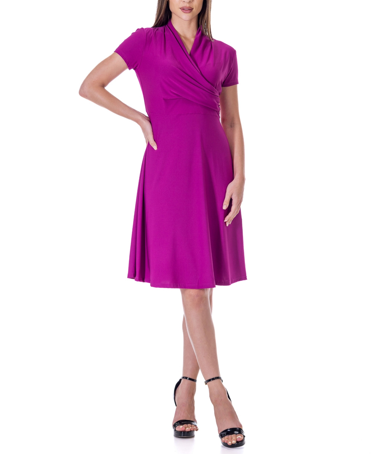 Shop 24seven Comfort Apparel Short Sleeve Knee Length V Neck Rouched Wrap Dress In Turquoise