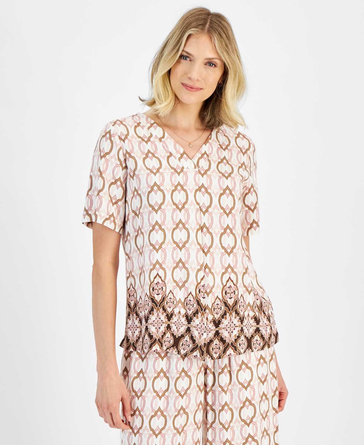 Petite Paradise Border V-Neck Short-Sleeve Top, Created for Macy's - Neo Natural Combo