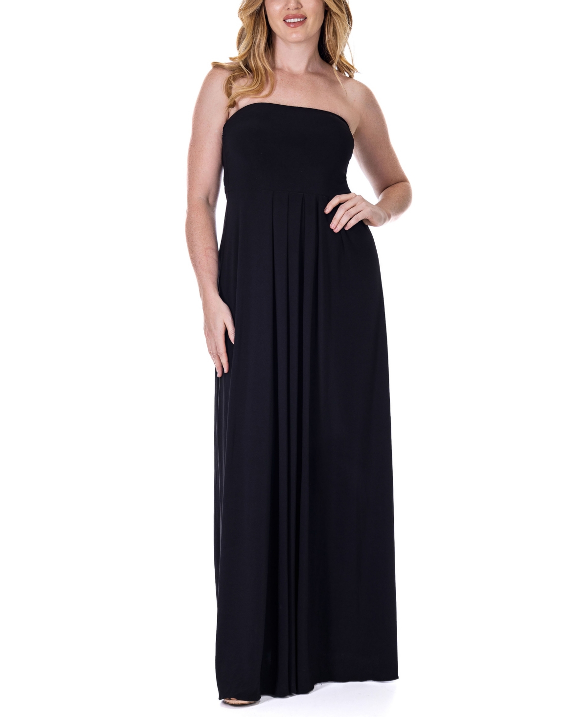 Shop 24seven Comfort Apparel Pleated A Line Strapless Maxi Pocket Dress In Black