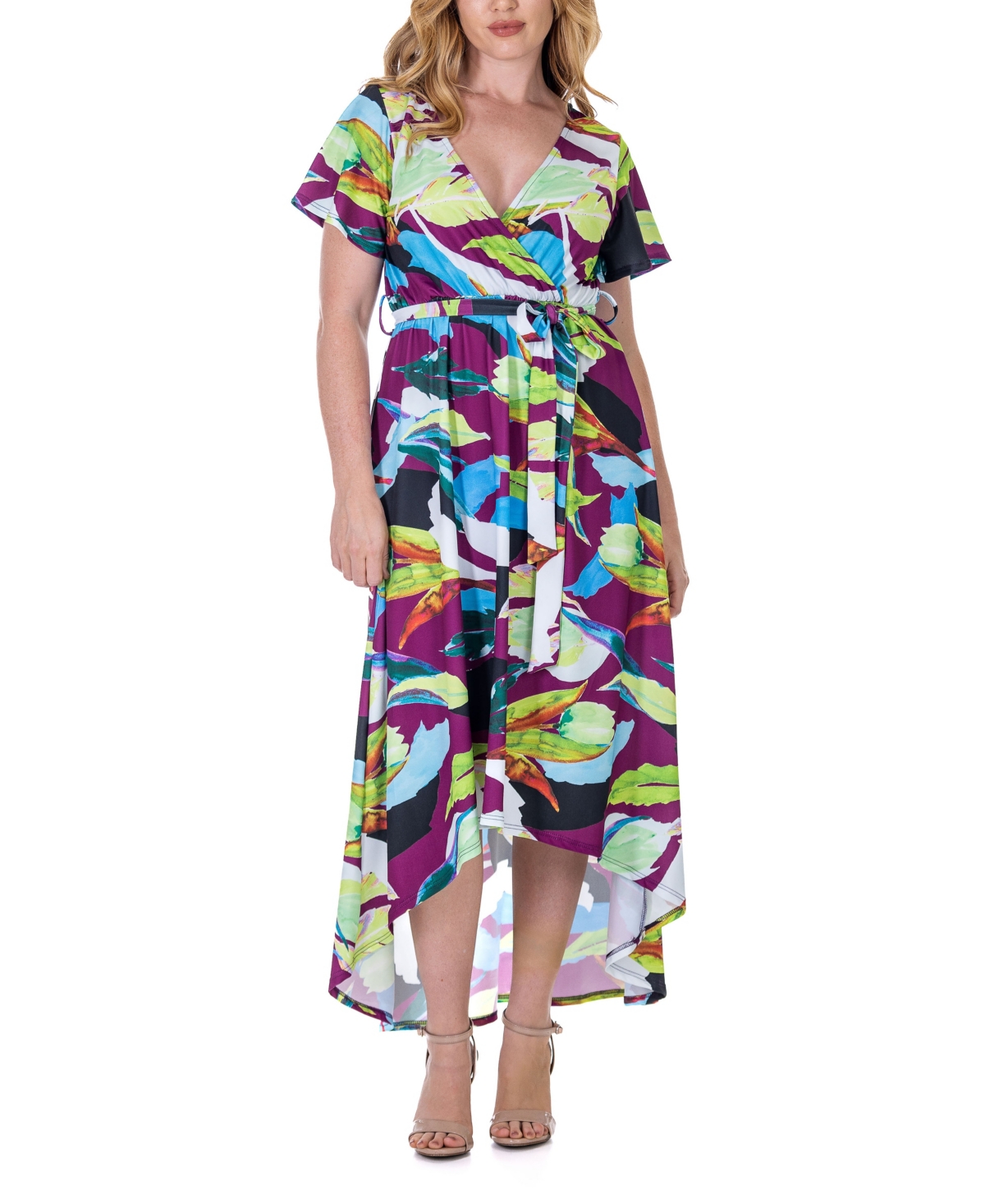 Shop 24seven Comfort Apparel Print V Neck Belted High Low Faux Wrap Dress In Miscellane