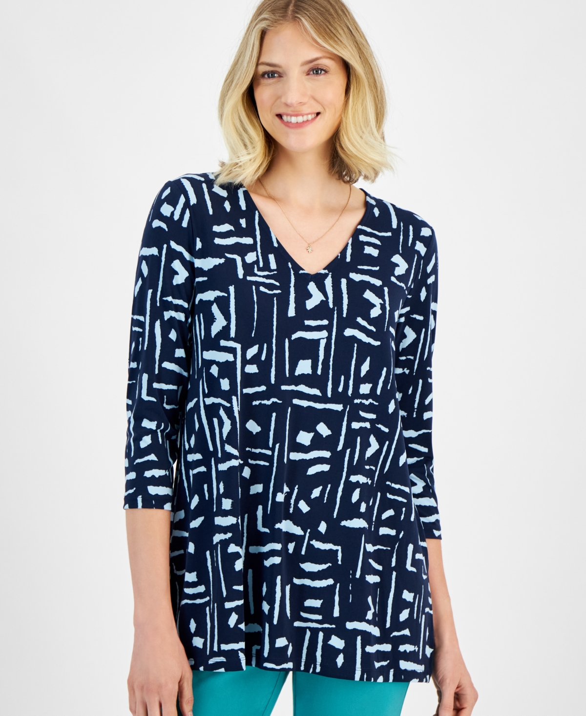 Women's Printed 3/4-Sleeve Tunic Top, Created for Macy's - Intrepd Blue Cb