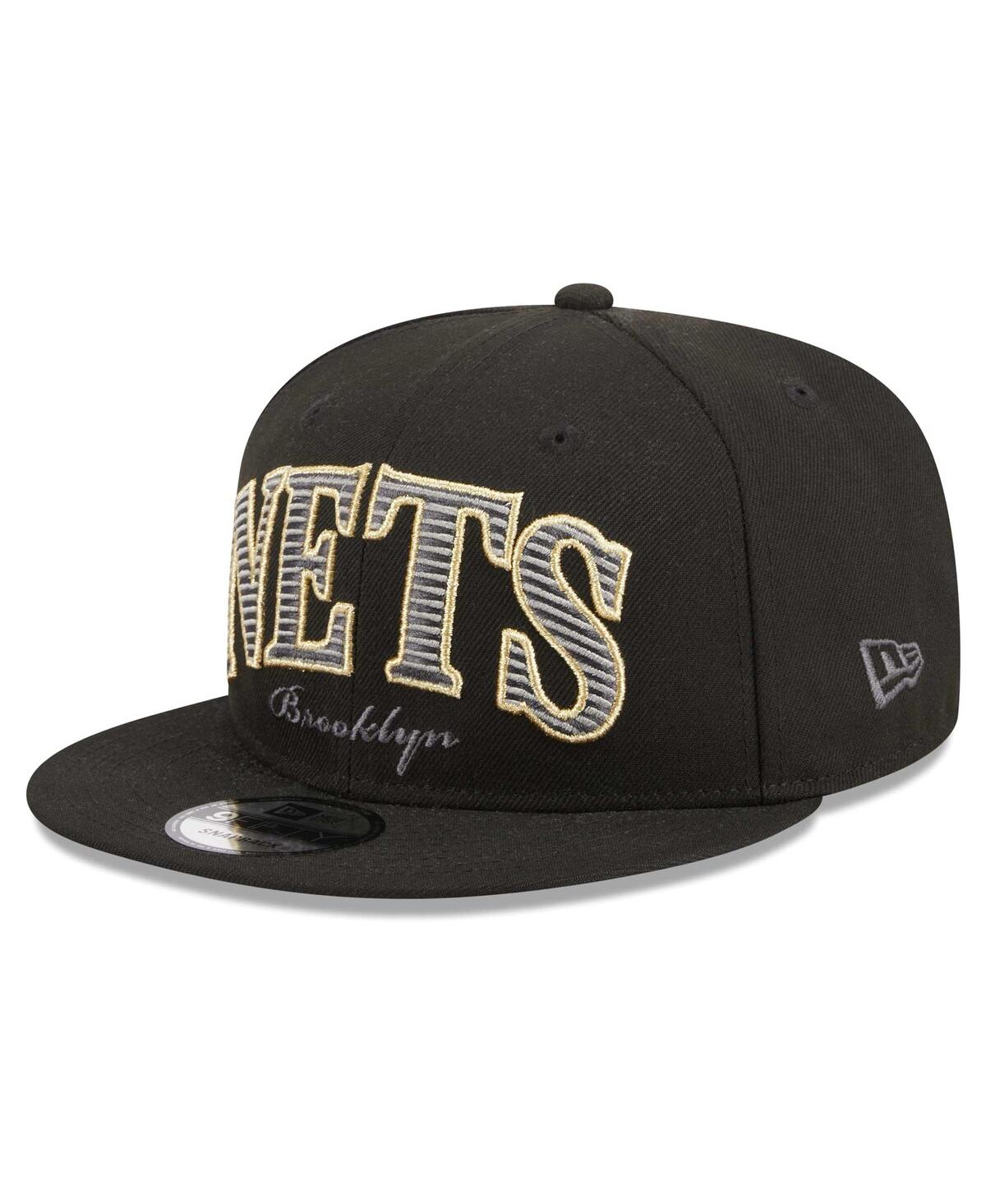 New Era Men'sBrooklyn Nets Golden Tall Text 9Fifty Snapback Hat - Black