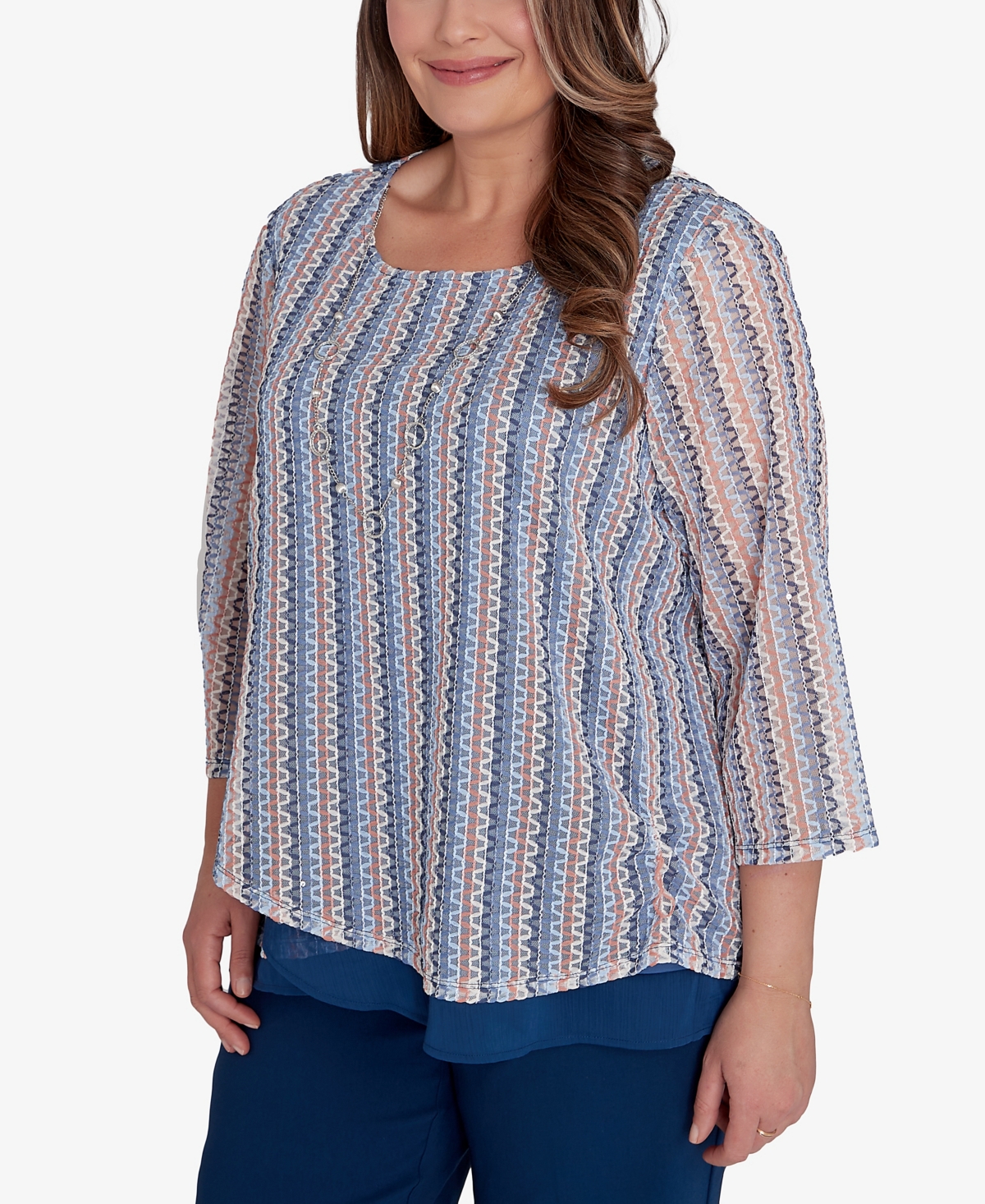 Shop Alfred Dunner Plus Size Scottsdale Vertical Texture Woven Trim Top With Necklace In Multi