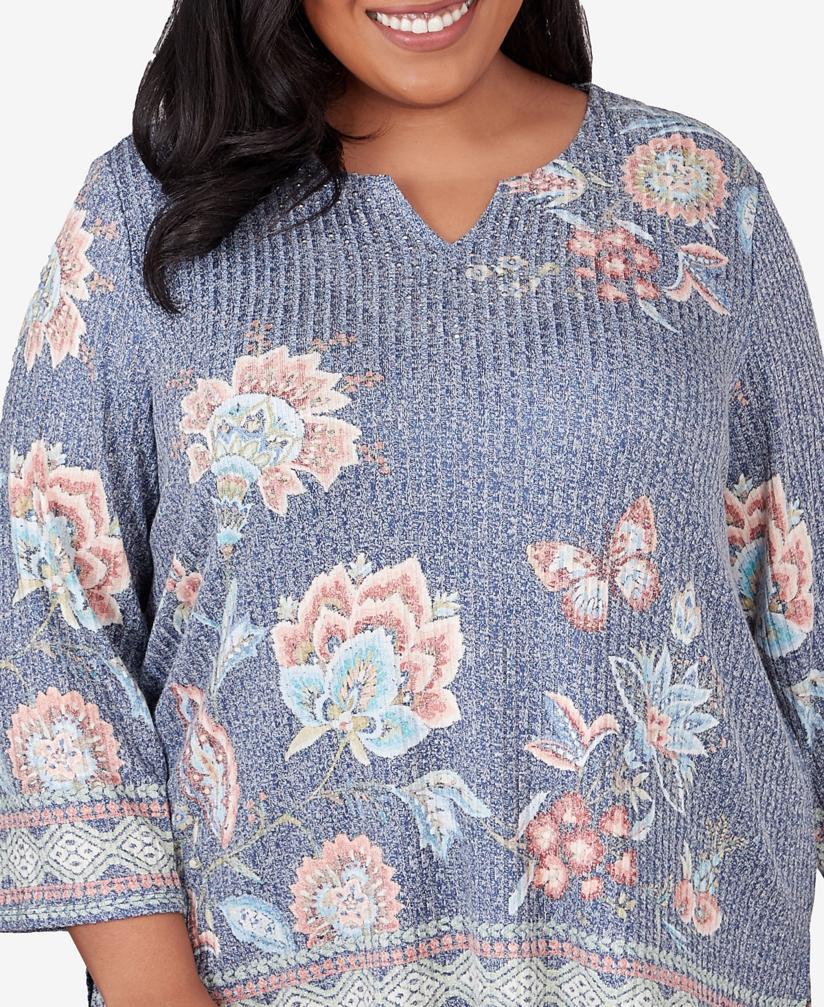 Alfred Dunner Plus Size Scottsdale Floral Border Split Neck Top