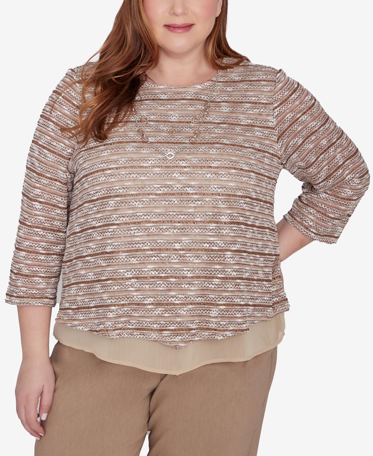 Plus Size Charm School Space Dye Textured Top with Necklace - Toast