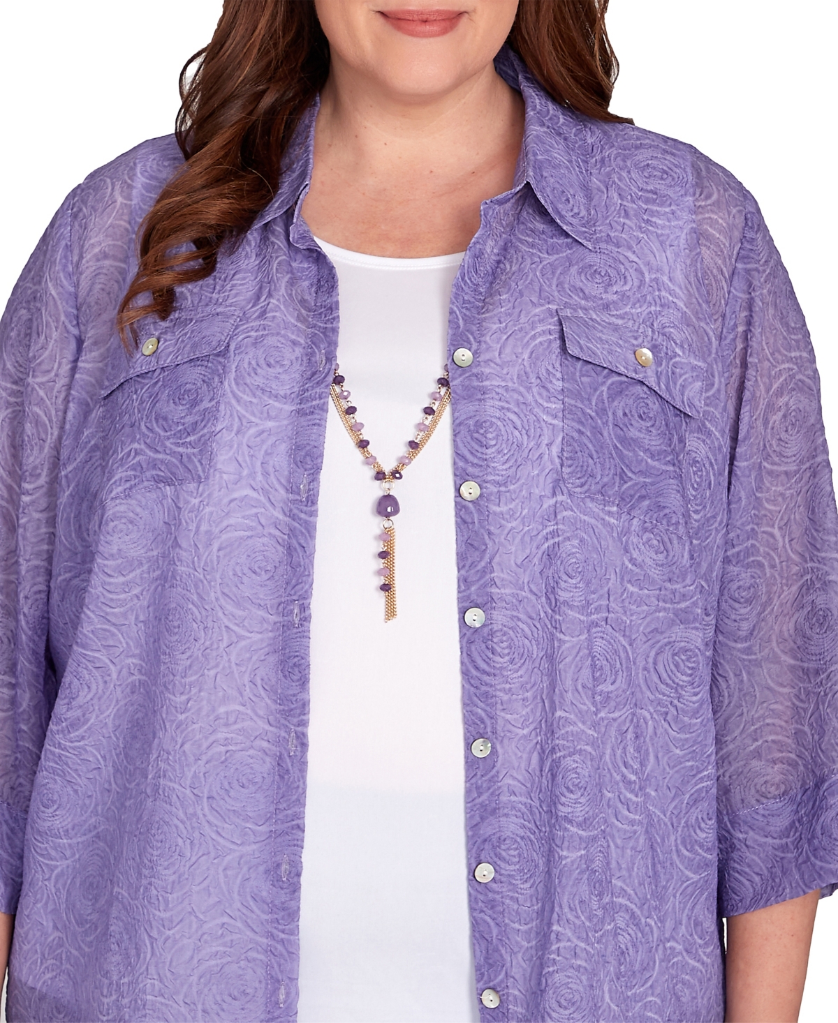 Shop Alfred Dunner Plus Size Charm School Engraved Floral Two In One Top In Iris