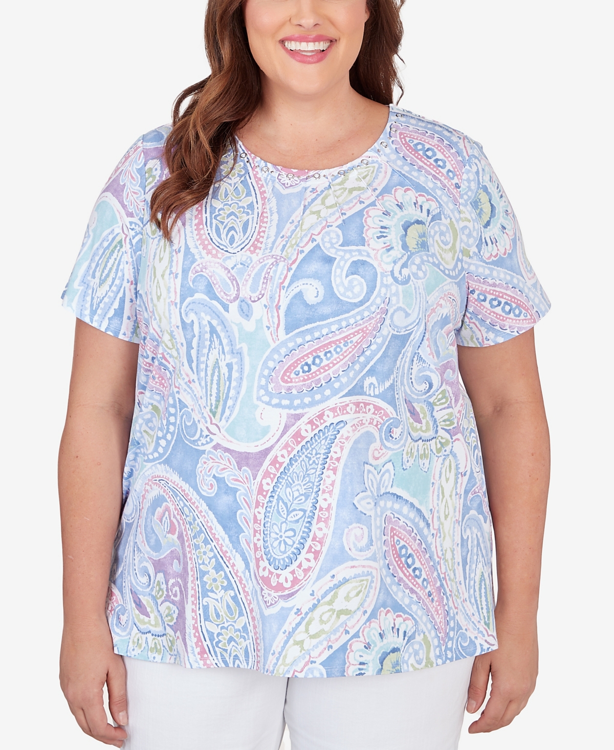 Shop Alfred Dunner Plus Size Pleated Crew Neck Paisley Short Sleeve Tee In Pastel