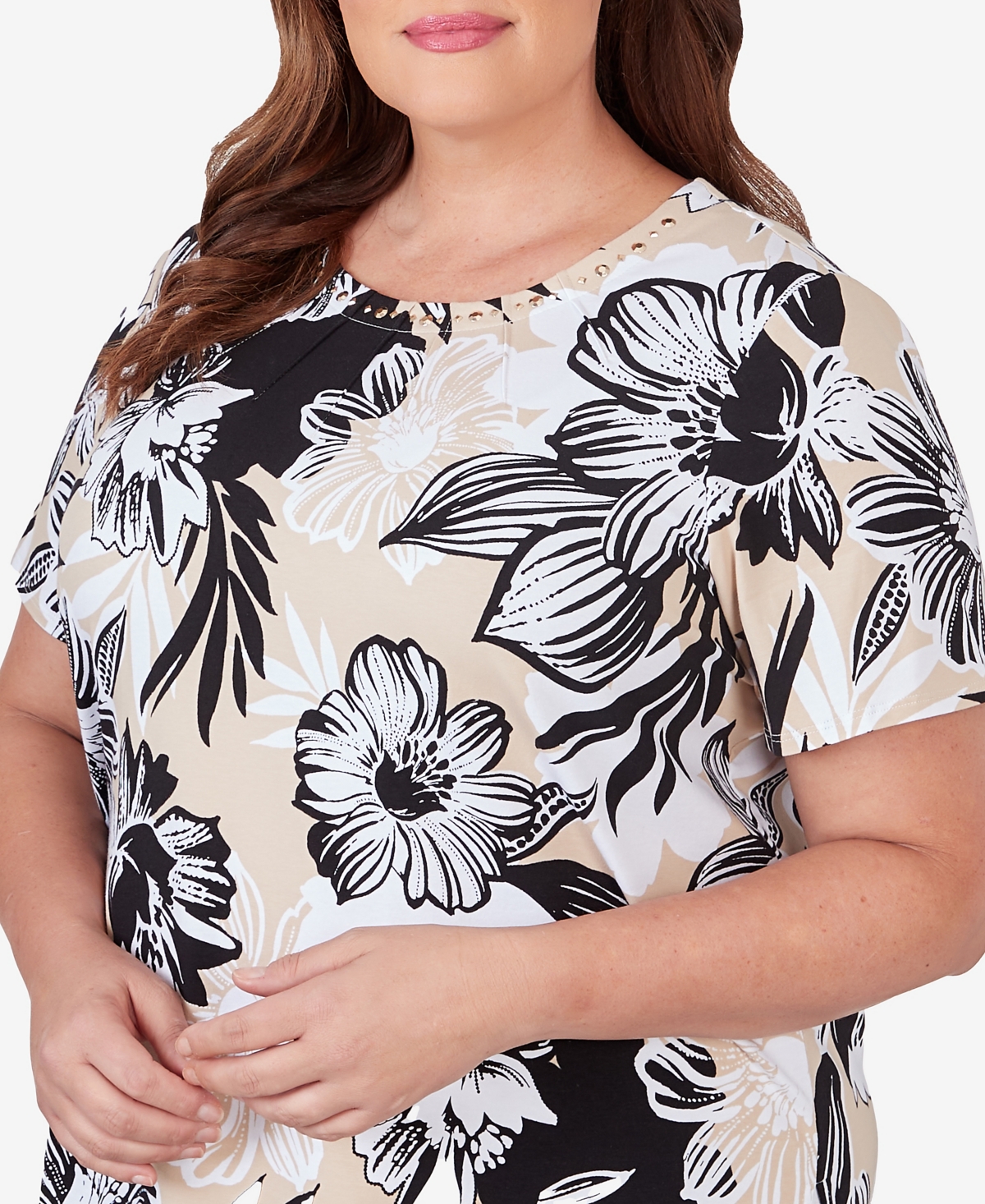 Shop Alfred Dunner Plus Size Pleated Neck Bold Floral Short Sleeve Tee In Black,tan