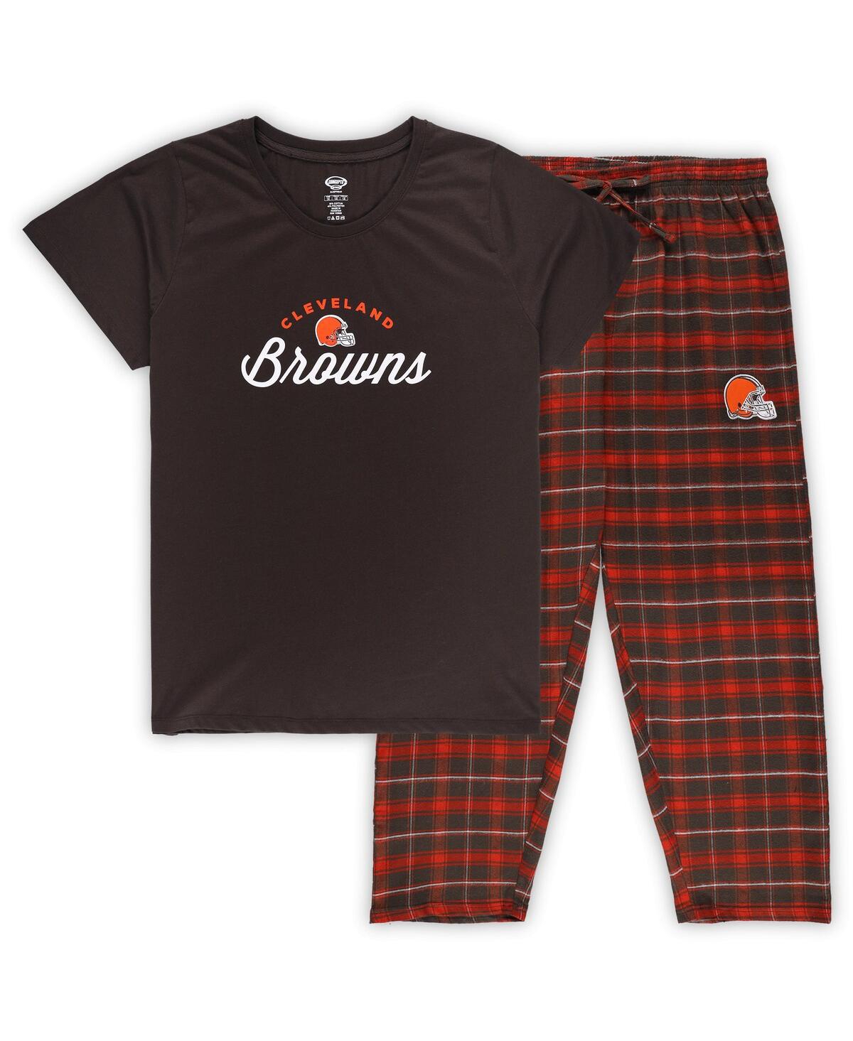 Women's Brown Cleveland Browns Plus Size Badge T-Shirt Flannel Pants Sleep Set - Brown