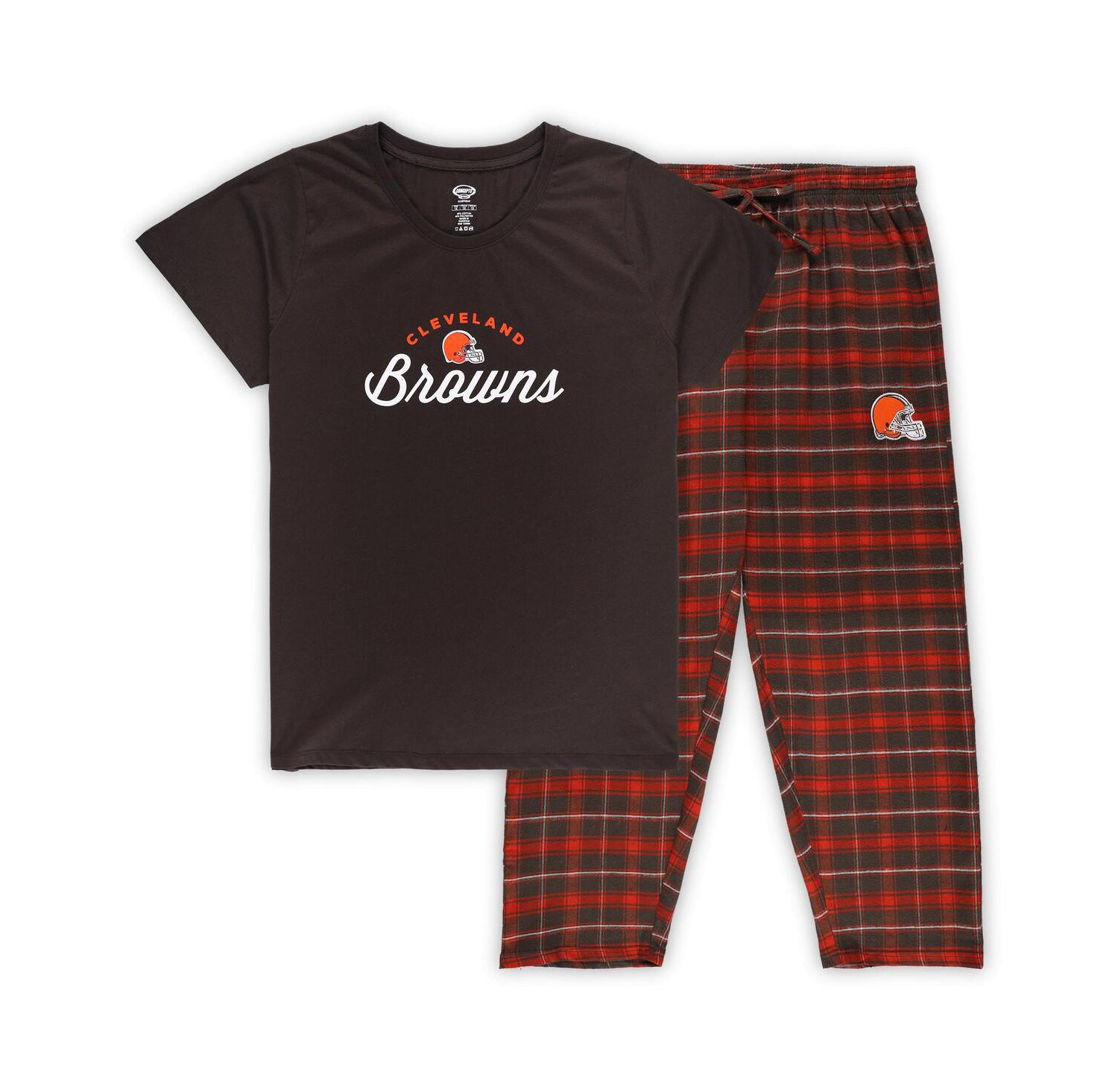 Women's Brown Cleveland Browns Plus Size Badge T-Shirt Flannel Pants Sleep Set