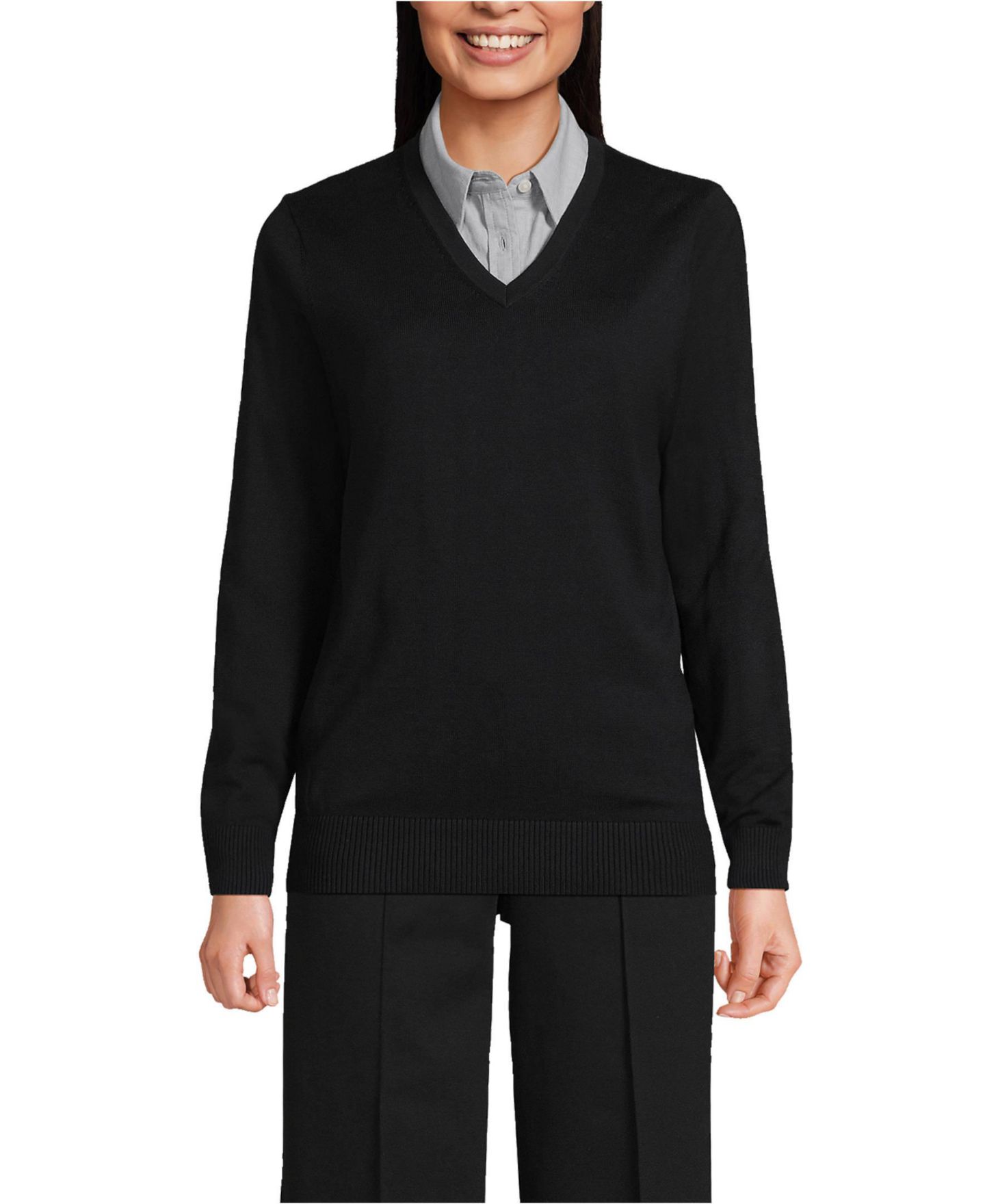 Мужской свитер Lands' End Unisex Cotton Modal V-neck Pullover, цвет: Чёрный — фото 1