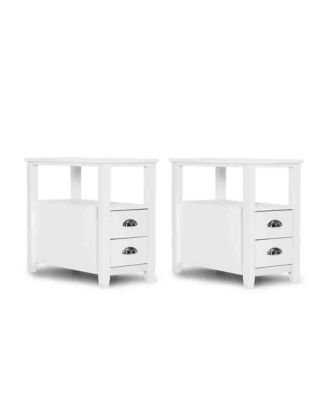 Set of 2 End Table Wooden with 2 Drawer & Shelf Bedside Table